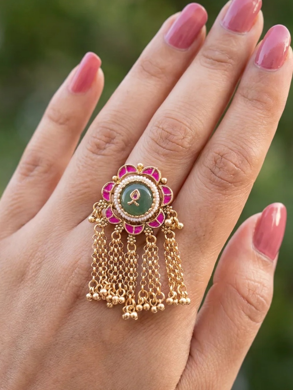Gold Tone Pink & Green Floral Tassel Cocktail Ring - Women Jewelry